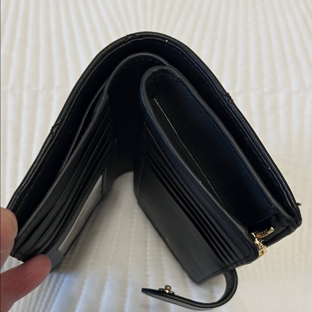 kate spade Quilted Black Leather Compact Wallet with Gold Logo - Picture 6 of 9